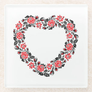 Original Heart of cross-stitch red rose flowers Glass Coaster