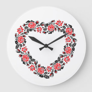 Original Heart of cross-stitch red rose flowers Large Clock
