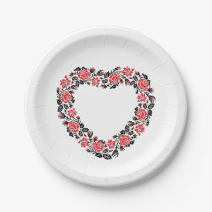 Original Heart of cross-stitch red rose flowers Paper Plate