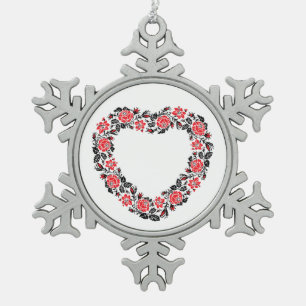 Original Heart of cross-stitch red rose flowers Snowflake Pewter Christmas Ornament