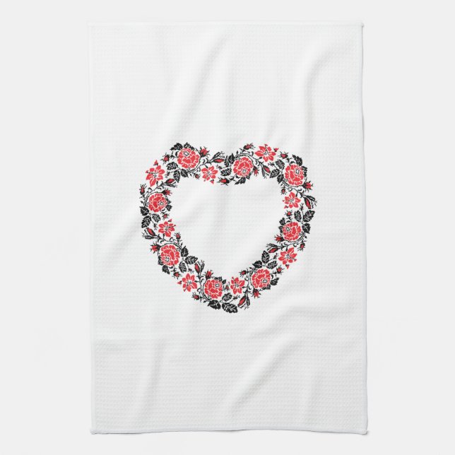 Original Heart of cross-stitch red rose flowers Tea Towel (Vertical)