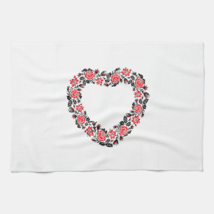 Original Heart of cross-stitch red rose flowers Tea Towel