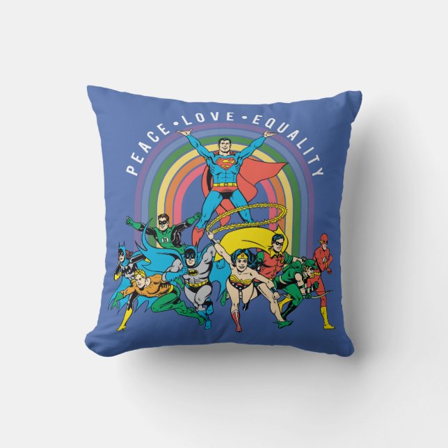 Original Justice League - Peace, Love, Equality Cushion (Front)