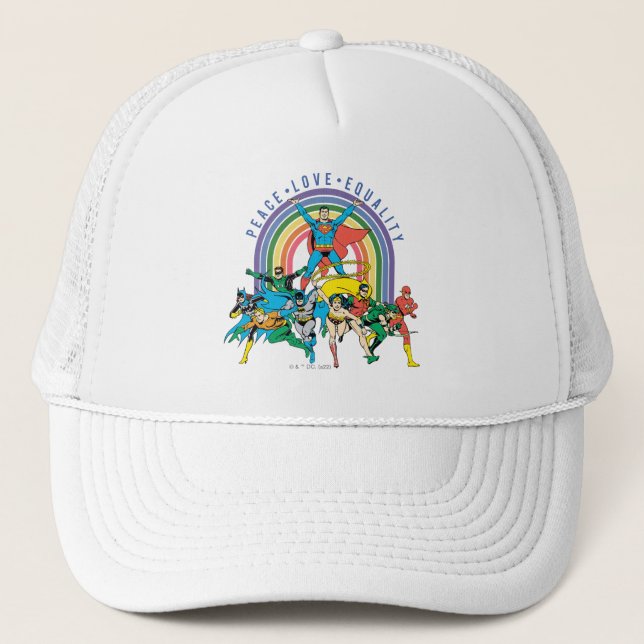 Original Justice League - Peace, Love, Equality Trucker Hat (Front)