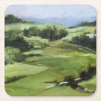 Original Oil Painting of Hilly Green Fields Square Paper Coaster