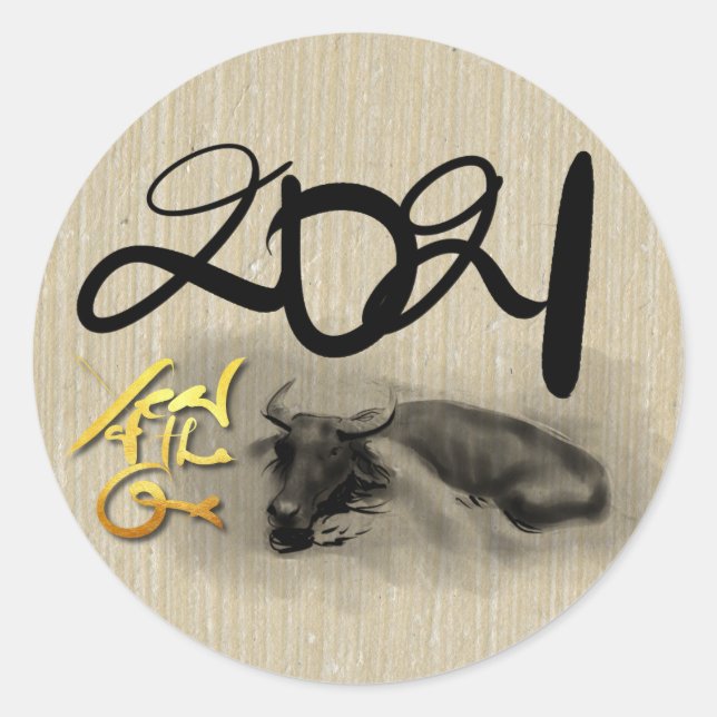 Original Painting Water Buffalo Ox New Year RS Classic Round Sticker (Front)