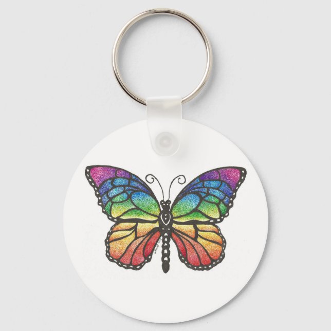 Original pen & ink drawing of a Rainbow butterfly. Key Ring (Front)
