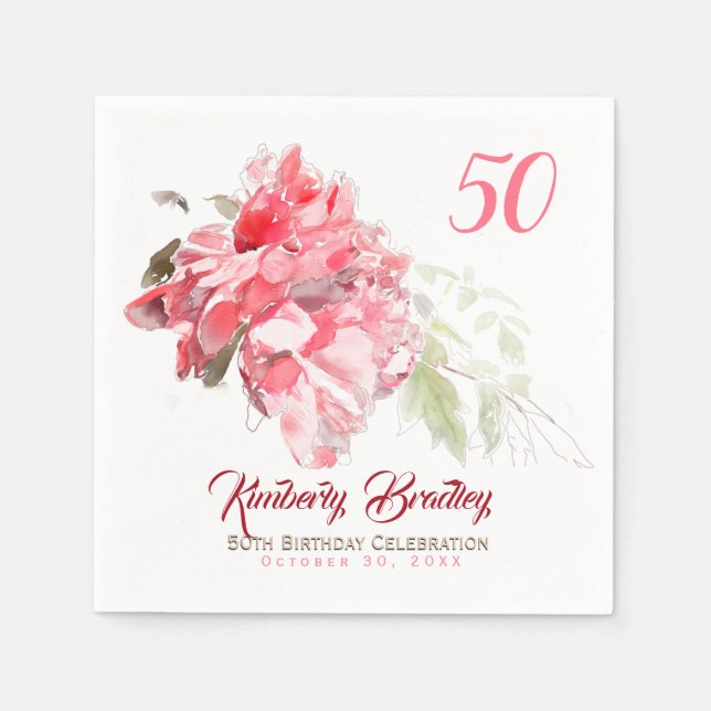 Original Peony watercolors 50th Birthday Party PN Napkin (Front)
