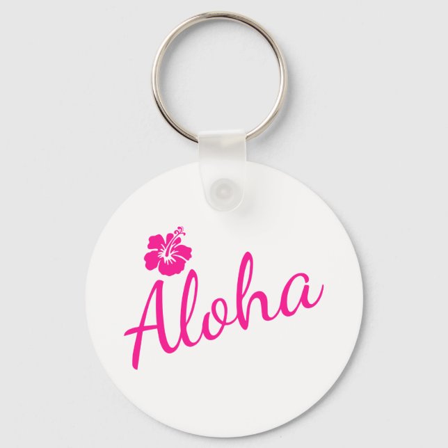 Original pink text design ALOHA and flower Key Ring (Front)