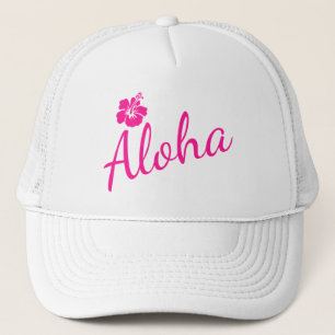 Original pink text design ALOHA and flower Trucker Hat