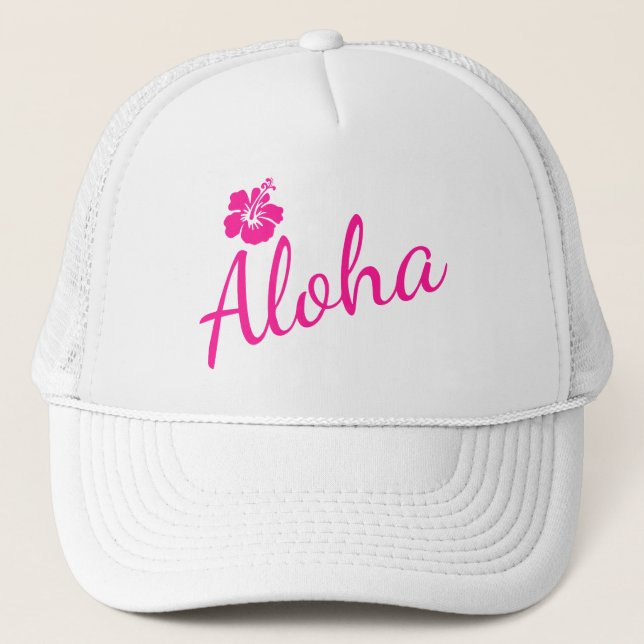 Original pink text design ALOHA and flower Trucker Hat (Front)