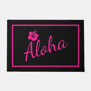 Original pink text design ALOHA Hibiscus flower Doormat