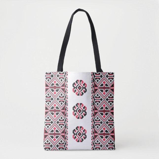 Original Red and Black cross-stitch Pattern Tote Bag (Front)
