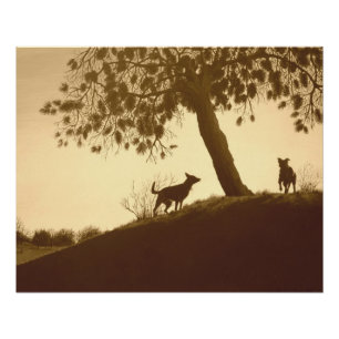 original scenic dogs in park sepia landscape art poster