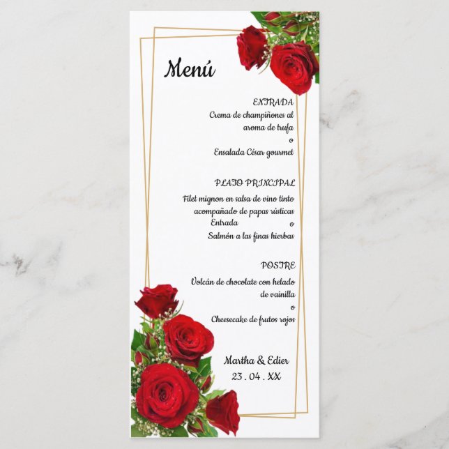 Original Spanish Wedding Menu Red Roses (Front)