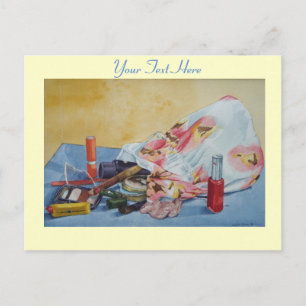 original still life picture of vintage make up bag postcard