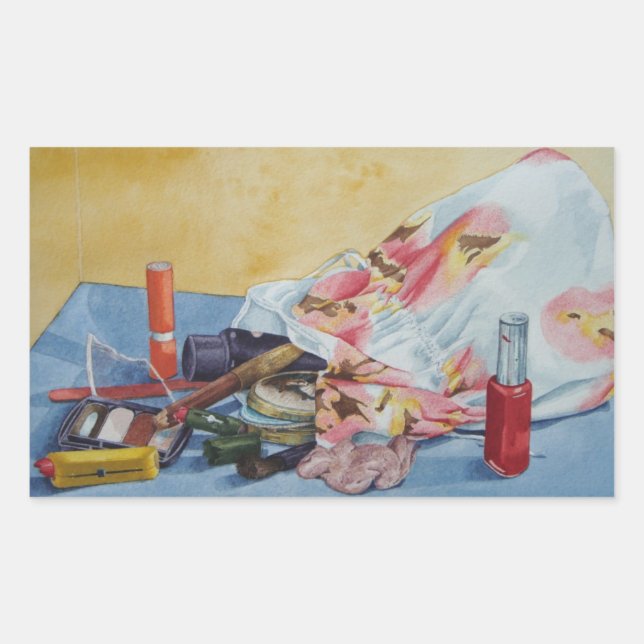 original still life picture of vintage make up bag rectangular sticker (Front)