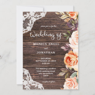 Original style- Wood Lace Blush & Peach Floral Invitation