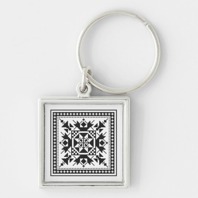 Original traditional ethnic Black cross-stitch Key Ring (Front)