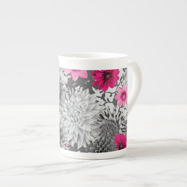 Original vibrant pink and gray floral mug (Front Right)