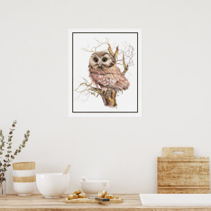 Original Watercolor Baby Owl Bird Art Poster