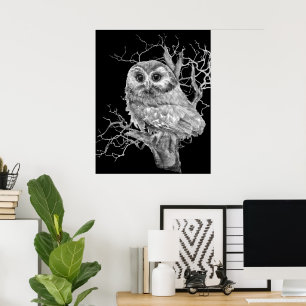 Original Watercolor Baby Owl Bird Art Poster