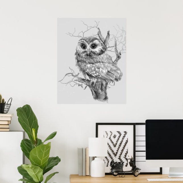 Original Watercolor Baby Owl Bird Art Poster (Home Office)