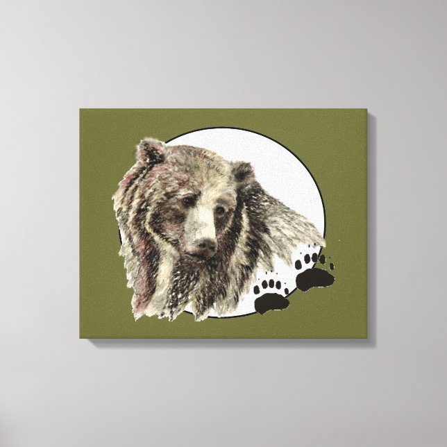 Original Watercolor Bear with Tracks Animal Canvas Print (Front)