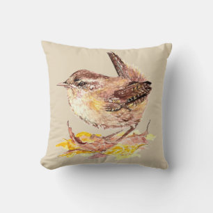 Original Watercolor Bird  Cute House Wren Cushion