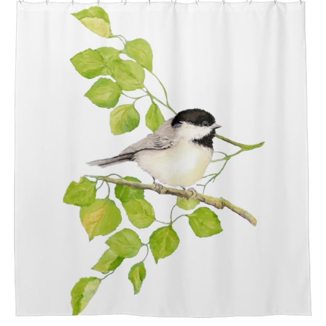 Original Watercolor Black Capped Chickadee Bird Shower Curtain (Front)