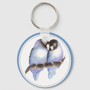 Original Watercolor Blue Lovebirds, Bird Key Ring