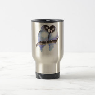 Original Watercolor Blue Lovebirds, Bird Travel Mug