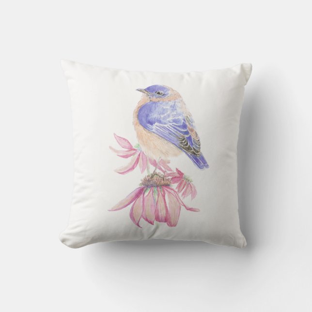 Original Watercolor Bluebird on Echinacea Flower Cushion (Front)