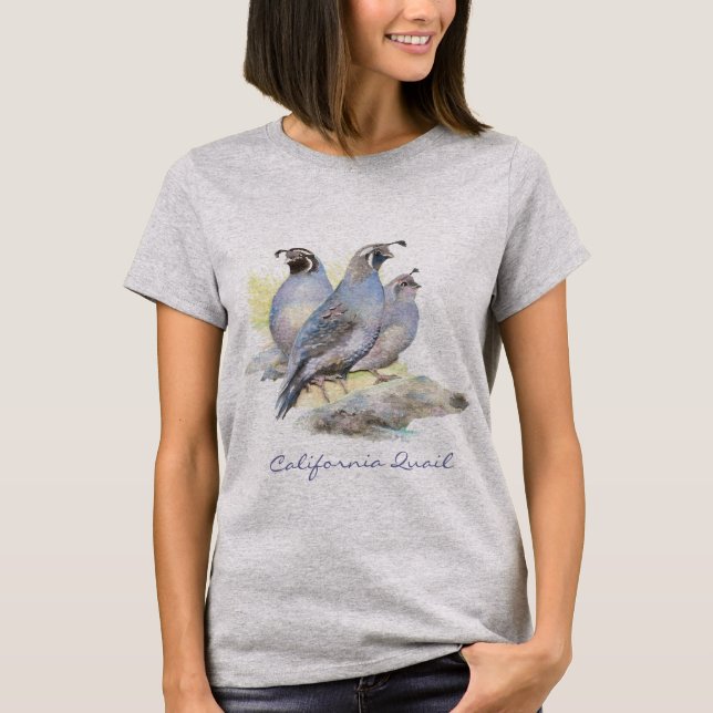 Original Watercolor California Quail. Bird T-Shirt (Front)