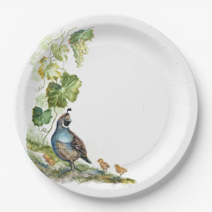 Original Watercolor California Quail Family Grapes Paper Plate