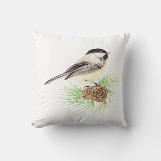 Original Watercolor Chickadee in Pine Tree Nature Cushion (Front)