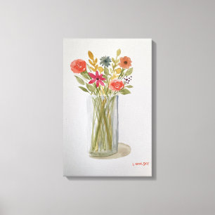 Original Watercolor Colourful Flowers In The Jar Canvas Print