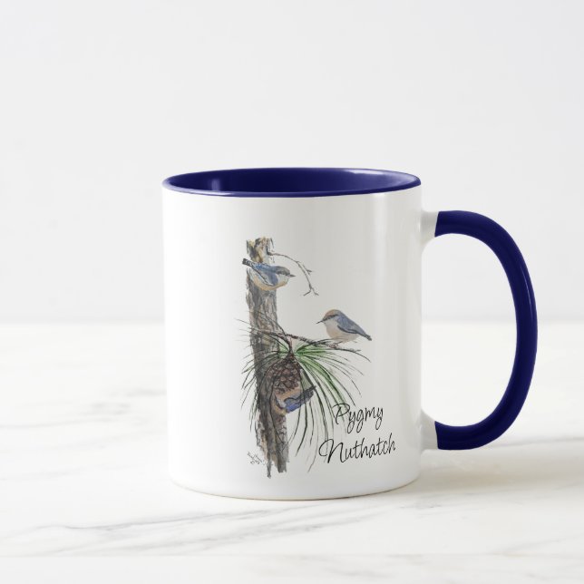 Original watercolor Cute Pygmy Nuthatch Birds Mug (Right)