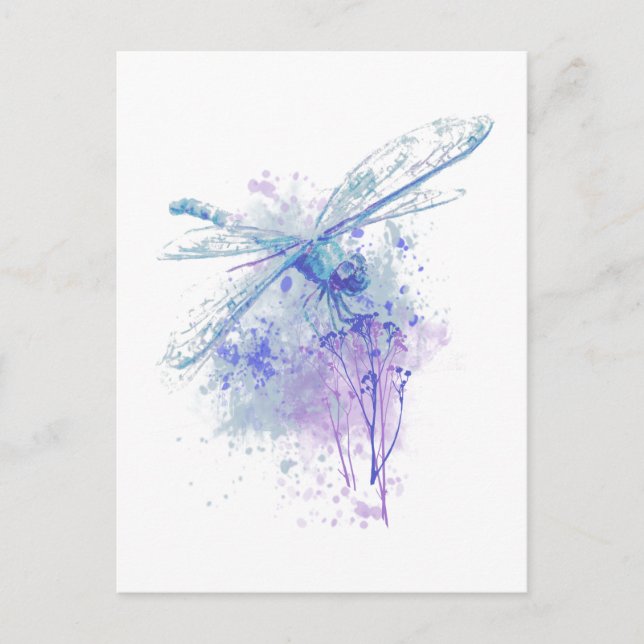 Original Watercolor Dragonfly in Blue Mauve Nature Postcard (Front)