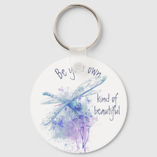 Original Watercolor Dragonfly in Blue Mauve Quote Key Ring