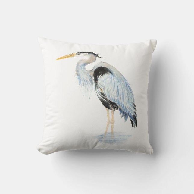 Original watercolor Great Blue Heron Bird Cushion (Front)