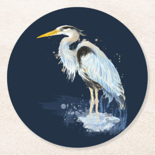 Original watercolor Great Blue Heron Bird Custom Round Paper Coaster