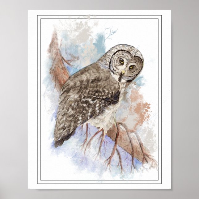 Original Watercolor Great Grey Owl Bird Poster (Front)