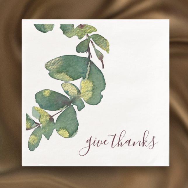 Original Watercolor Greenery Custom Thanksgiving Napkin (Original modern watercolor greenery Thanksgiving dinner  napkins. Custom elegant script. 
)