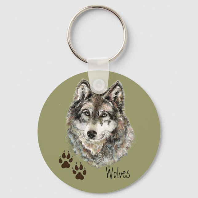 Original Watercolor Grey  Wolf- Tracks Animal Key Ring (Front)