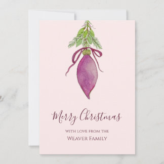 Original Watercolor Pink Bow Christmas Bauble Holiday Card