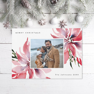 Original Watercolor Poinsettias Photo Holiday Card
