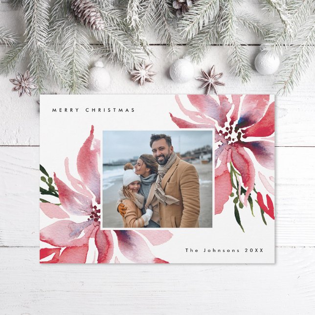Original Watercolor Poinsettias Photo Holiday Card (Creator Uploaded)