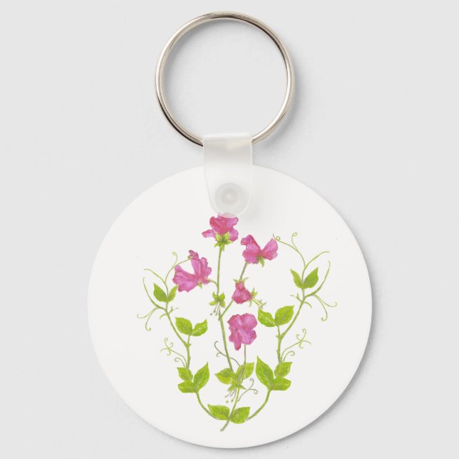 Original Watercolor Sweet Pea, Garden Flower Key Ring (Front)