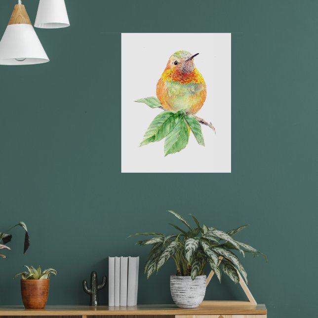 Original Watercolor Whimsical Rufous Hummingbird Poster (Living Room 1)